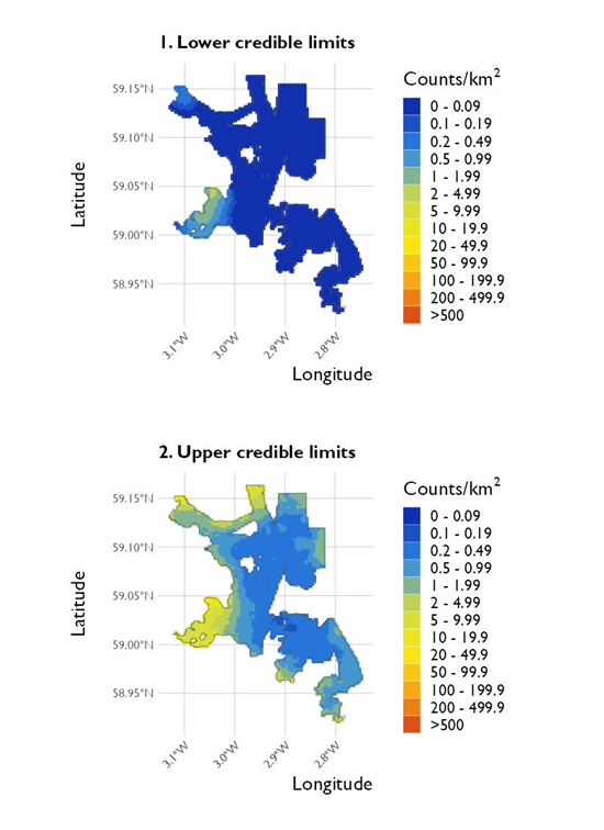 Two maps showing (1) the lower credible limits of the density estimates of Slavonian grebe and (2) the upper credible limits at North Orkney Special Protected Area from the surveys conducted on 20 January 2023. 