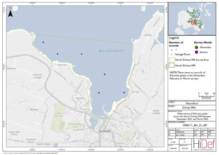 Map of shore-based observations of Slavonian grebe in part of the North Orkney Special Protection Area during the winter 2021/22 shore-based surveys.