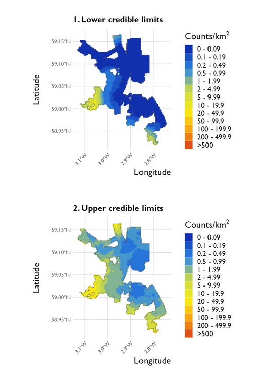 Two maps showing (1) the lower credible limits of the density estimates of red-breasted merganser and (2) the upper credible limits at North Orkney Special Protected Area from the surveys conducted on 20 January 2023. 