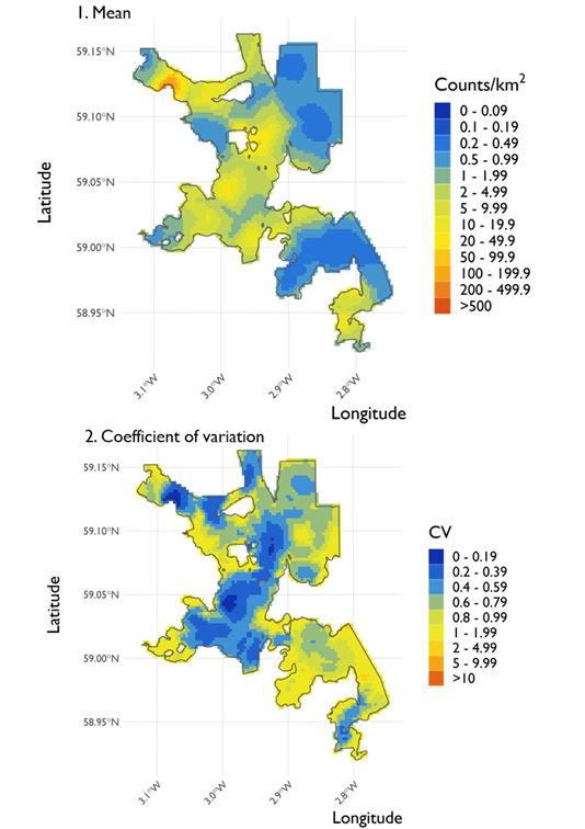 Two maps showing (1) the estimated density of long-tailed duck and (2) the associated coefficient of variation at North Orkney Special Protection Area from the surveys conducted on 21 February 2022. 