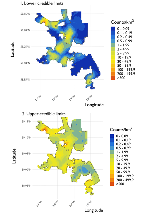 Two maps showing (1) the lower credible limits of the density estimates of long-tailed duck and (2) the upper credible limits at North Orkney Special Protection Area from the surveys conducted on 21 February 2022. 