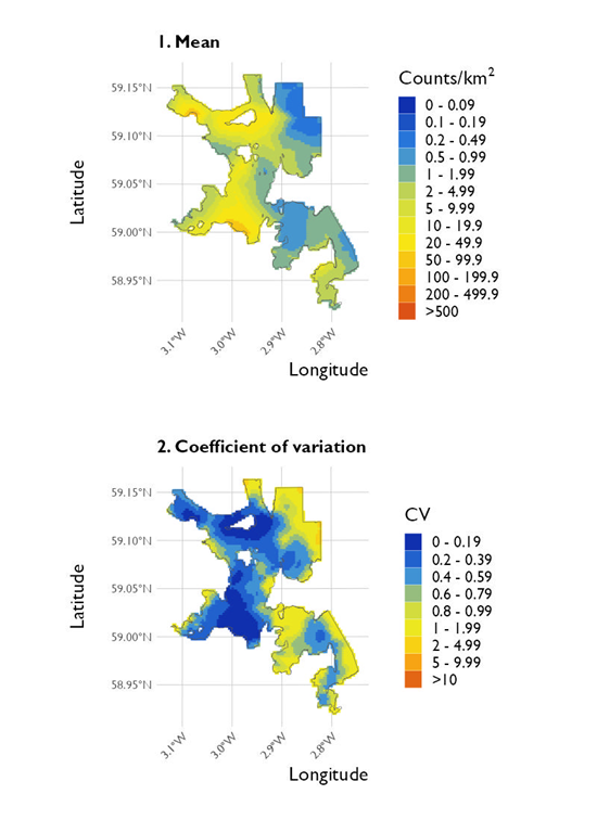 Two maps showing (1) the estimated density of long-tailed duck and (2) the associated coefficient of variation at North Orkney Special Protected Area from the surveys conducted on 20 January 2023. 