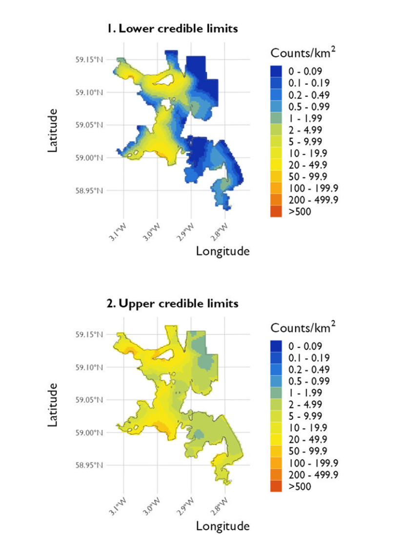 Two maps showing (1) the lower credible limits of the density estimates of long-tailed duck and (2) the upper credible limits at North Orkney Special Protected Area from the surveys conducted on 20 January 2023. 