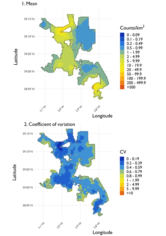 Two maps showing (1) the estimated density of common eider and (2) the associated coefficient of variation at North Orkney Special Protection Area from the surveys conducted on 21 February 2022. 