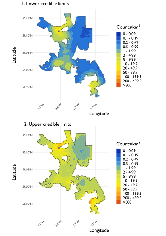 Two maps showing (1) the lower credible limits of the density estimates of common eider and (2) the upper credible limits at North Orkney Special Protection Area from the surveys conducted on 21 February 2022. 