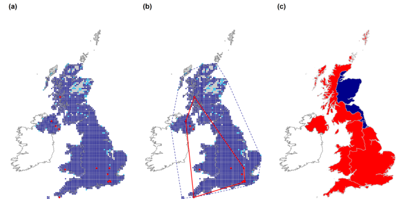 Three maps of the UK with different coloured areas of blue, red and light blue.