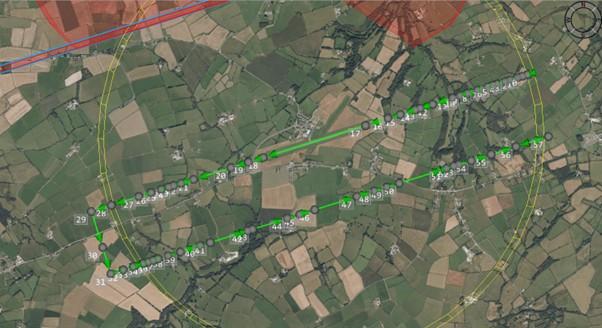 A map of land and green arrowed lines showing the direction of a UAV flight path.