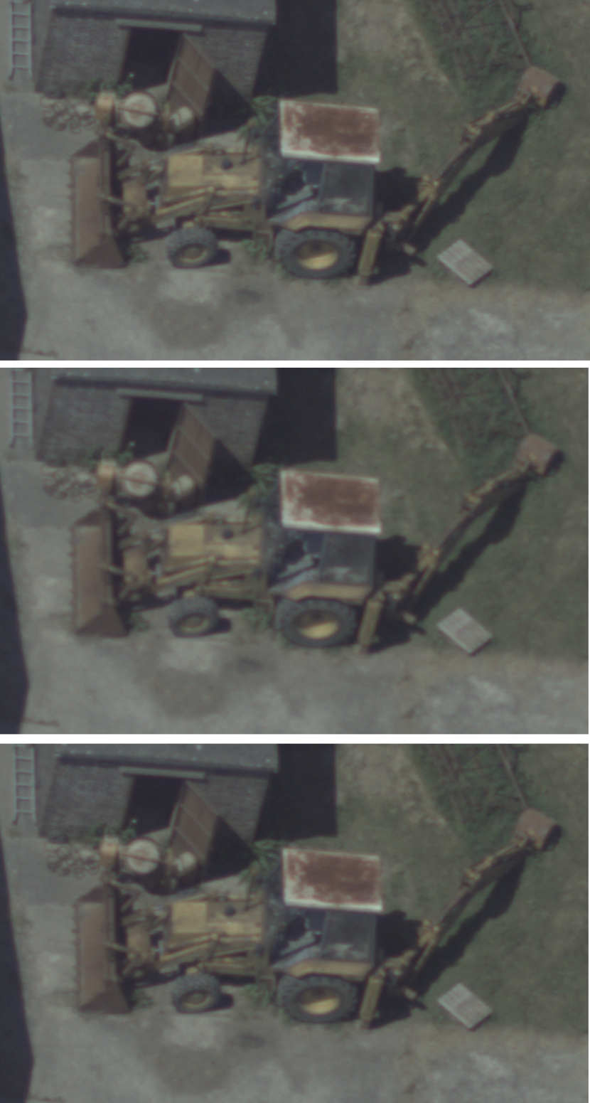 Three images of a wheeled digger in front of a stone building. The second image is out of focus, thus showing the in and out effect in imagery caused by sensor vibration.