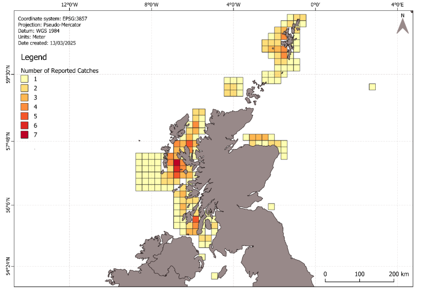 Heatmap displaying location of reported flapper skate catches across all gear types.