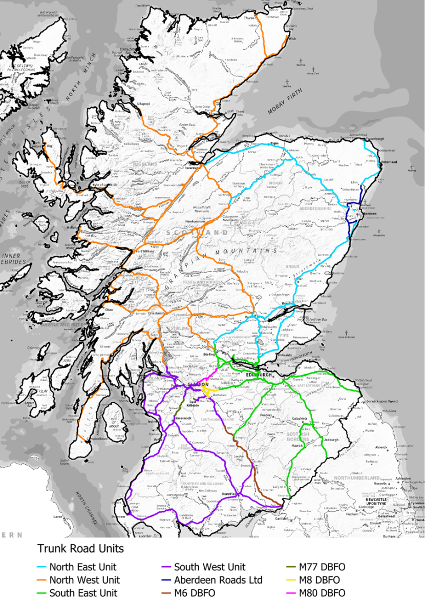 Map showing the Scottish Trunk Road network as it was in December 2021.