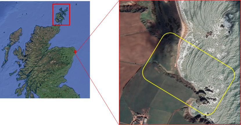 A map of the north of Scotland on the left, highlighting Orkney area in red at the top. To the right, is a zoomed in section of an area expanded out from the left image to show a zoomed in coastal area of Scotland.