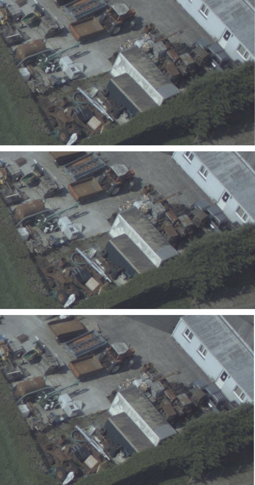 Three images of a scrapyard with various machinery present. scrapyards include object like metal, tyres, tractors and trailers in between buildings and grass fields and hedges.
