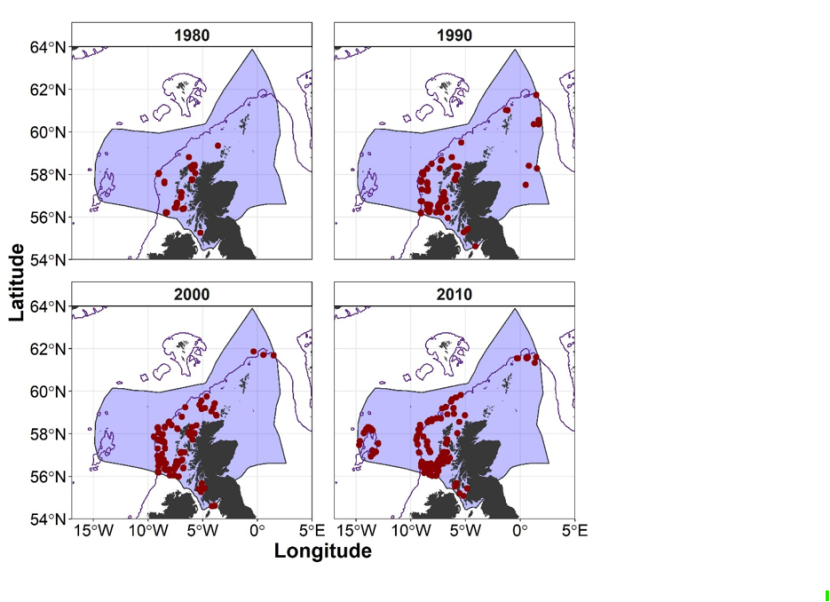 Four maps of the EEZ of Scotland showing the ICES DATRAS records for the Blackmouth catshark (Galeus melastomus) from bottom trawl surveys, 1980: 1980-1989, 1990: 1990-1999; 2000: 2000-2009 and 2010: 2010-2019. Red points represent trawl shoot positions in which Blackmouth dogfish (G. melastomus) were captured.