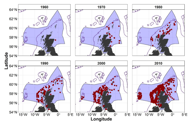 Maps of the EEZ of Scotland showing ICES DATRAS records for ‘the common skate complex’ (Flapper skate (Dipturus intermedius) and / or Common blue skate (Dipturus batis) combined) for 1960: 1960-1969; 1970: 1970-1979; 1980: 1980-1989; 1990: 1990-1999; 2000: 2000-2009; 2010:2010-2019). Point locations represent trawl shoot locations in which ‘the common skate complex’ (Flapper skate (Dipturus intermedius) and / or Common blue skate (Dipturus batis) combined) were captured.