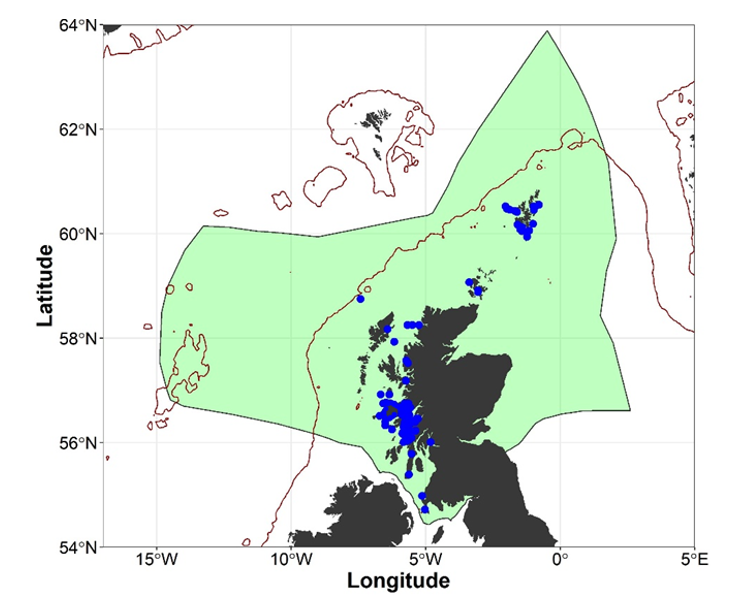 Map of the EEZ of Scotland showing tag - recapture records for ‘the common skate complex’ (Flapper skate (Dipturus intermedius) and / or Common blue skate (Dipturus batis) combined) from the Scottish Shark Tagging Programme, the Glasgow Museums tagging programme and the UK Shark Tagging Programme data from 1970 to 2025.    These tag – recapture records provided by anglers and occasionally supplemented by reports of tagged animals captured by commercial fishing vessels are thought to be mostly Flapper skate 