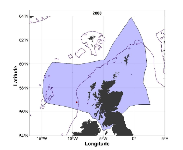Map of the EEZ of Scotland showing the ICES DATRAS records for the Arctic skate (Amblyraja hyperborea) from bottom trawl surveys 2000-2009. Point locations represent trawl shoot positions in which Arctic skate (A. hyperborea) were recorded.     