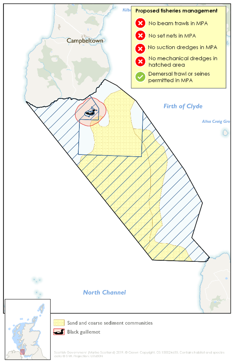 Map showing the original Marine Scotland (now Marine Directorate)  management proposal for the Clyde Sea Sill MPA (2019).