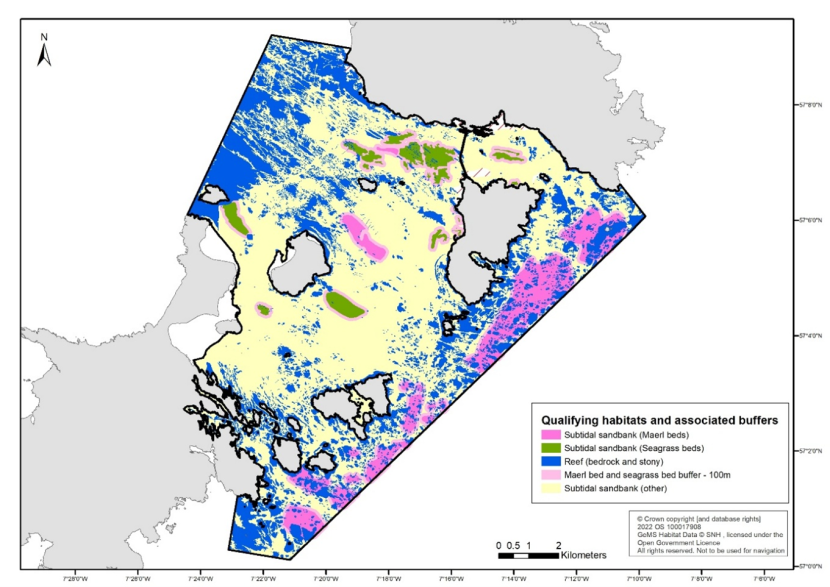Map of the Sound of Barra Special Area of Conservation showing the extent of maerl beds, seagrass beds, subtidal sandbanks, and reef, along with the 100 m buffer area for maerl beds and seagrass beds.