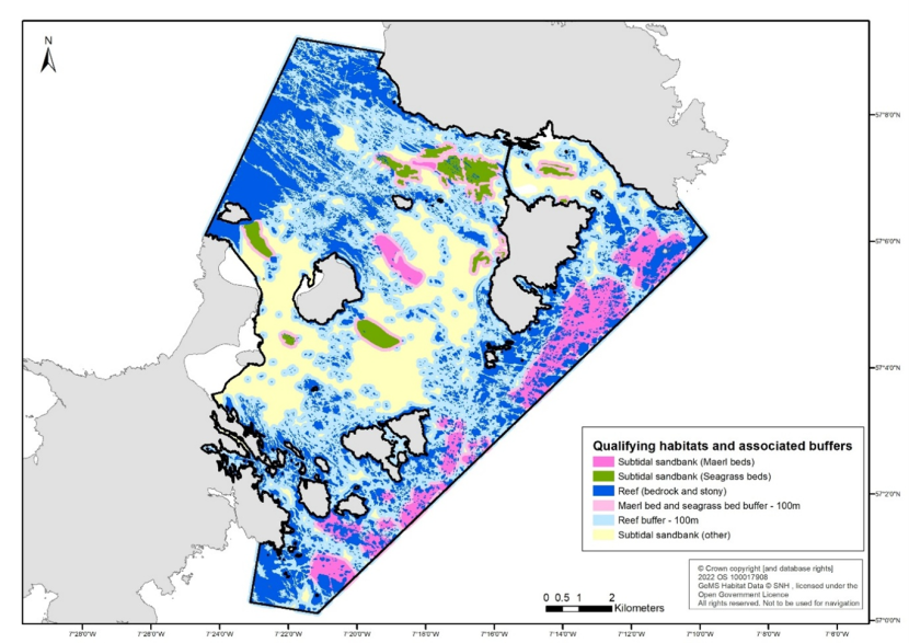 Map of the Sound of Barra Special Area of Conservation showing the extent of maerl beds, seagrass beds, subtidal sandbanks, and reef, along with the associated 100 m buffer areas.
