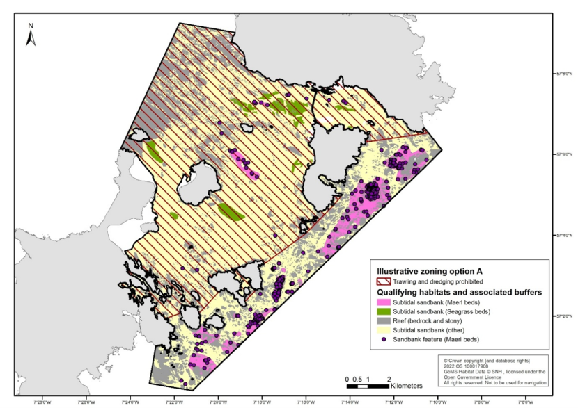 Map of the Sound of Barra Special Area of Conservation showing the illustrative zoning option A, with polygon data for seagrass beds, subtidal sandbanks, and reef, and both polygon and point data for maerl beds.