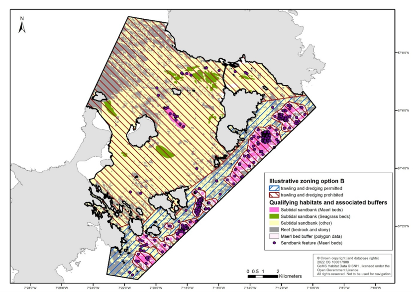 Map of the Sound of Barra Special Area of Conservation showing the illustrative zoning option B, with polygon data for seagrass beds, subtidal sandbanks, and reef, and both polygon and point data for maerl beds.