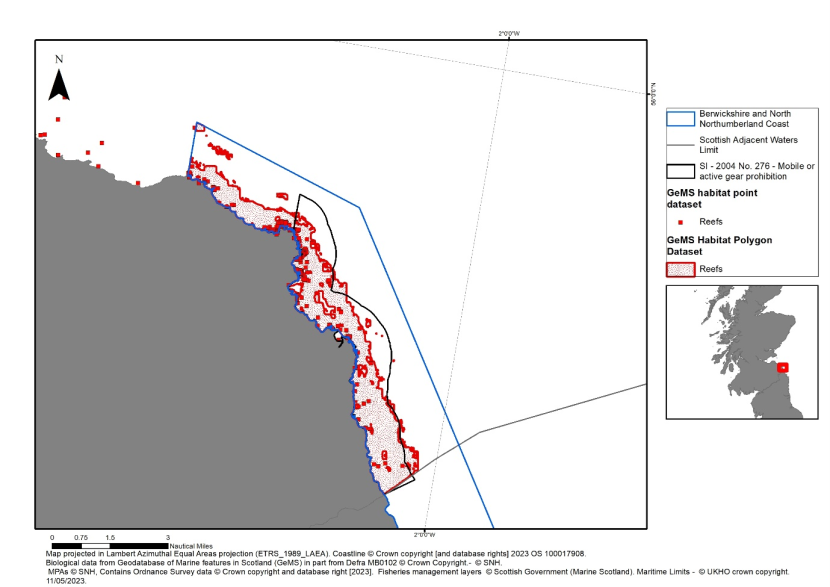 Figure 1 shows the updated reef extent and the point data identified as reef within the parts of the SAC within Scottish waters. Figure 1 also includes the current fishing restriction implemented through the Inshore Fishing (Prohibition of Fishing and Fishing Methods) (Scotland) Order 2004. The updated mapping work identifies areas, particularly in the north-west of the site, where the reef extends beyond the current mobile/active gear prohibited area.