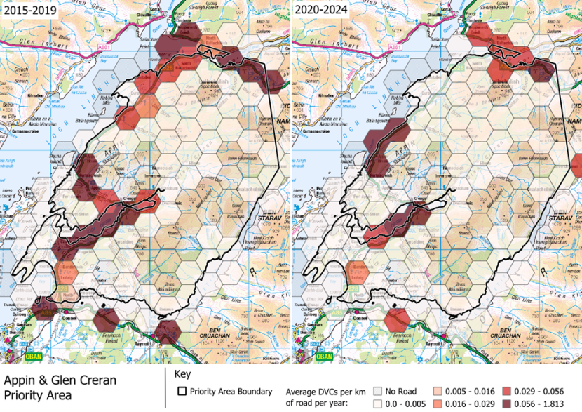 DVCs per km of road per year in the Appin & Glen Creran Deer Management Group area, which is within the Alliance for Scotland’s Rainforest Indicative Areas Deer Management Priority Area.