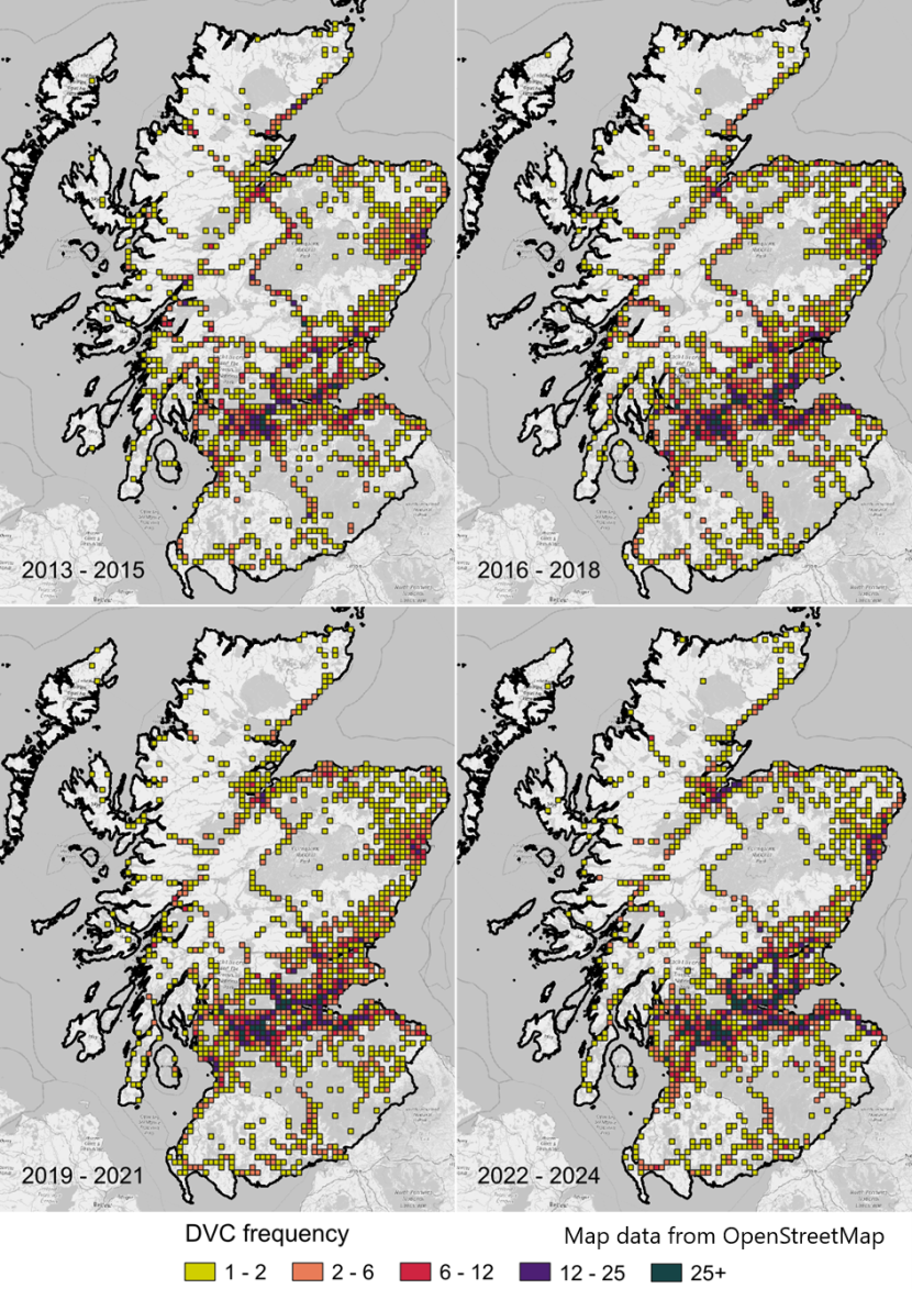 Map of DVC report density in three-year bands from 2013 to 2024.