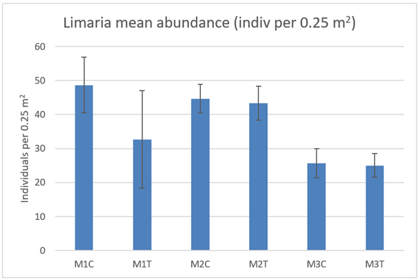 Bar graph showing mean Limaria abundance in the cleared quadrats from control and track transects in 2021.  