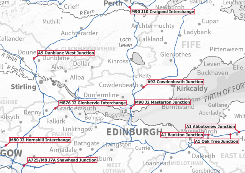 Map showing the location of the top ten Deer Vehicle Collision hotspots in 2022-2024.