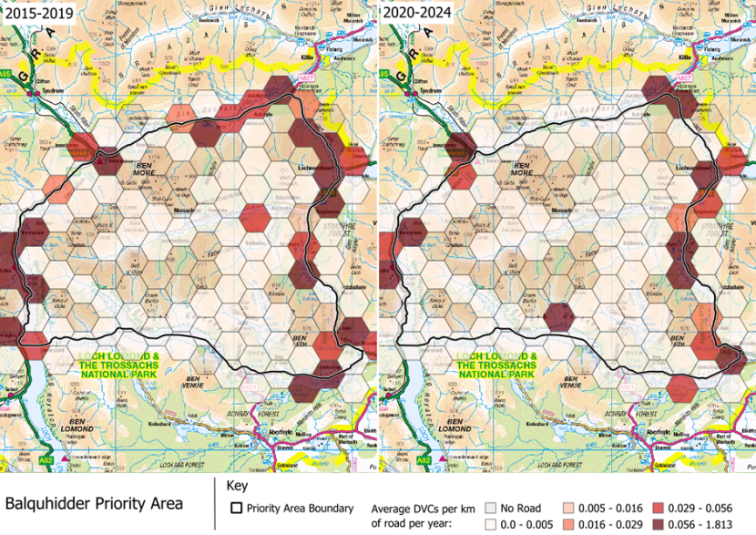 DVCs per km of road per year in the Balquhidder Deer Management Group area, which is part of the ‘Deer Management Groups’ Deer Management Priority Area.