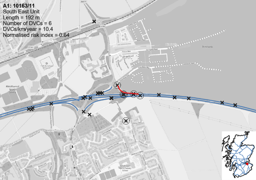 Map showing the location of the Deer Vehicle Collision hotspot on the A78 at Bankton Junction.