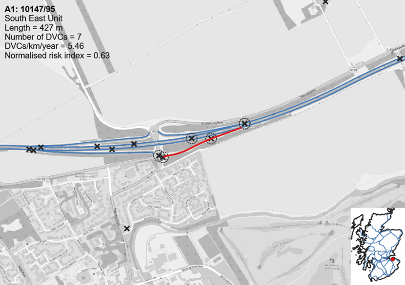 Map showing the location of the Deer Vehicle Collision hotspot on the A1 at Abbotsview Junction.