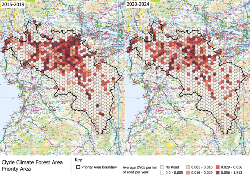 DVCs per km of road per year in the Clyde Climate Forest Area Deer Management Priority Area.