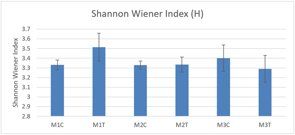 Bar graph showing mean Shannon Wiener diversity (H) in macrofaunal cores (10 cm diameter) from control and track transects in 2021. 