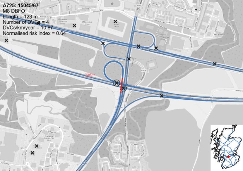 Map showing the location of the Deer Vehicle Collision hotspot on the A725 at the M8 J7A Shawhead Junction.