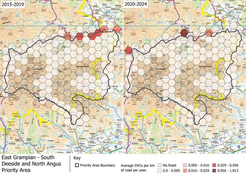 DVCs per km of road per year in the East Grampian – South Deeside and North Angus Deer Management Group area, which is part of the ‘Deer Management Groups’ Deer Management Priority Area.
