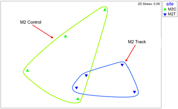 MDS plot of macrofauna core samples from site M2 with replicate samples from control and track sites distinguished.