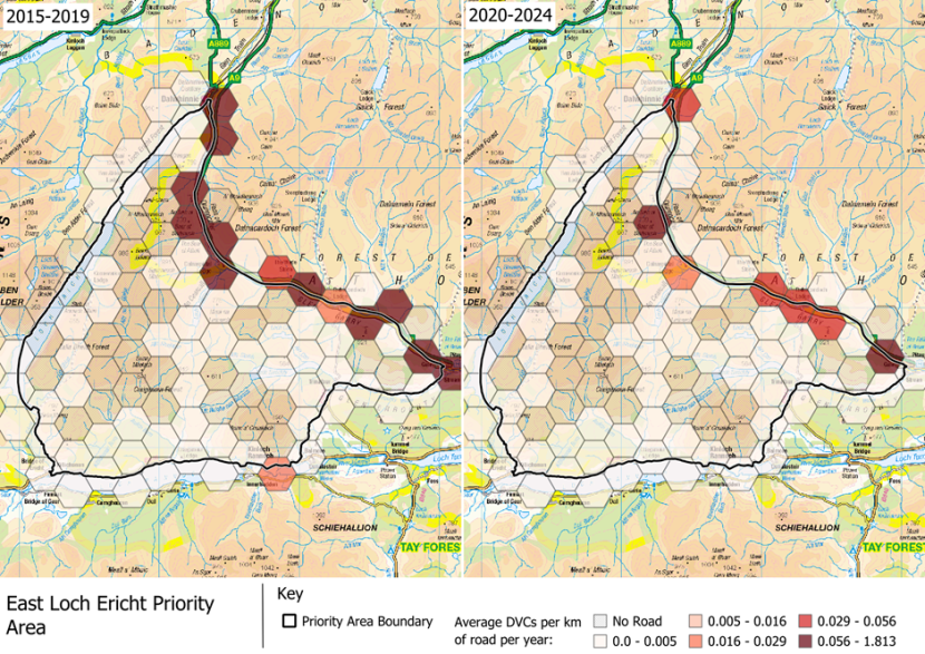 DVCs per km of road per year in the East Loch Ericht Deer Management Group area, which is part of the ‘Deer Management Groups’ Deer Management Priority Area.
