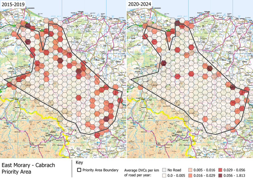 DVCs per km of road per year in the East Moray – Cabrach area, which is part of the Priority Agricultural Areas Deer Management Priority Area.