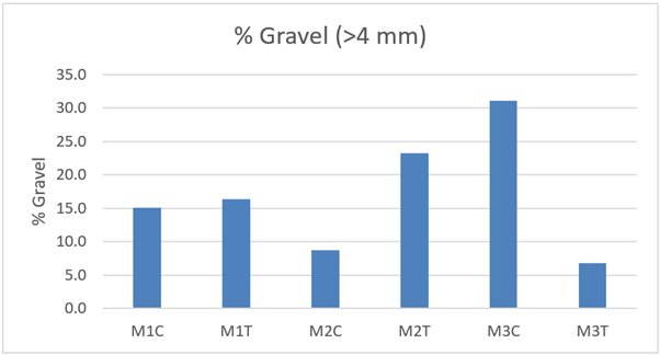 Bar graph showing percentage gravel (>4 mm) from control and track transects in 2021. 