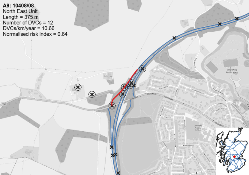 Map showing the location of the Deer Vehicle Collision hotspot on the A9 at the Dunblane West Junction.