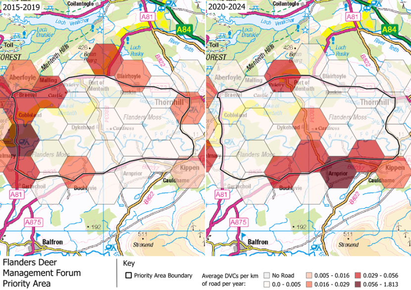 DVCs per km of road per year in the Flanders Deer Management Forum area, which is part of the ‘Deer Management Groups’ Deer Management Priority Area.