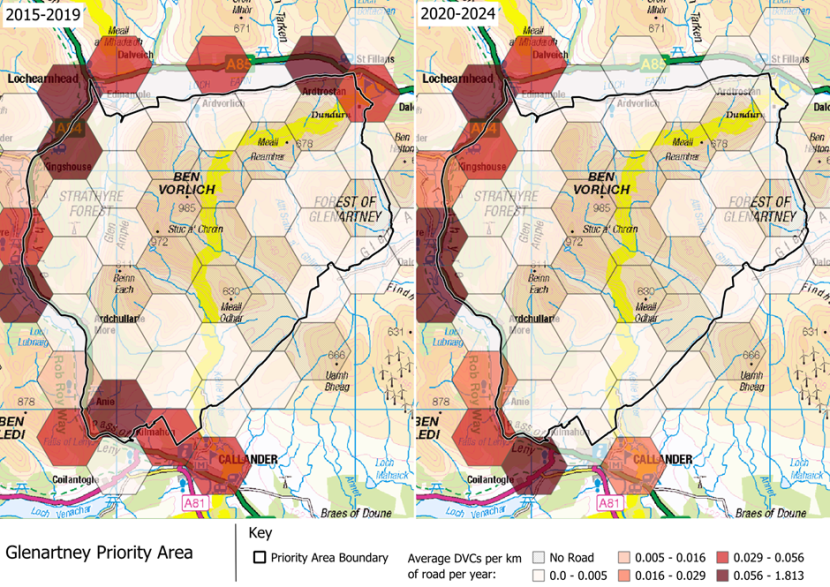 DVCs per km of road per year in the Glenartney Deer Management Group area, which is part of the ‘Deer Management Groups’ Priority Area.