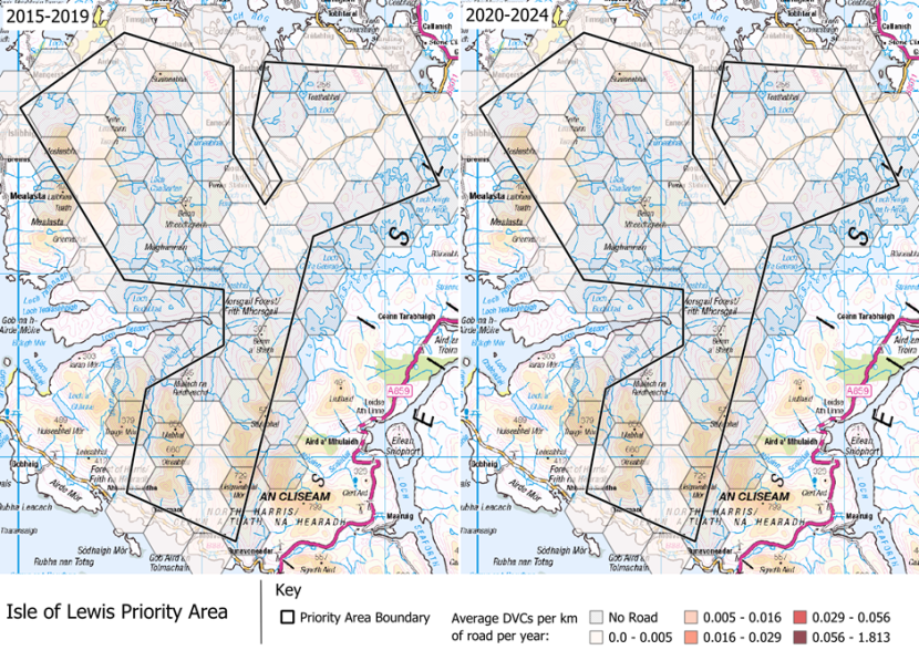 DVCs per km of road per year in that part of the Isle of Lewis which is part of the Priority Agricultural Areas Deer Management Priority Area.