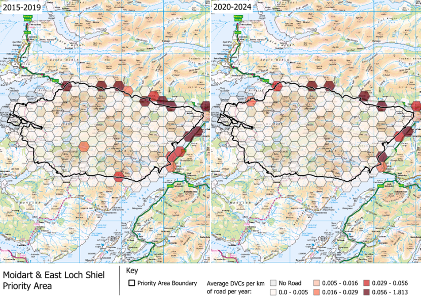 DVCs per km of road per year in the Moidart & East Loch Shiel Deer Management Group area, which is within the Alliance for Scotland’s Rainforest Indicative Areas Deer Management Priority Area.