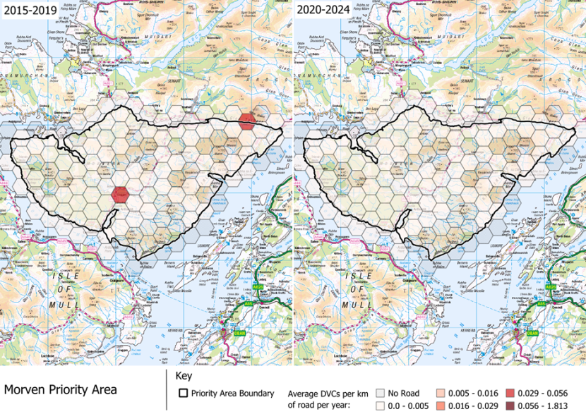 DVCs per km of road per year in the Morven Deer Management Group area, which is within the Alliance for Scotland’s Rainforest Indicative Areas Deer Management Priority Area.