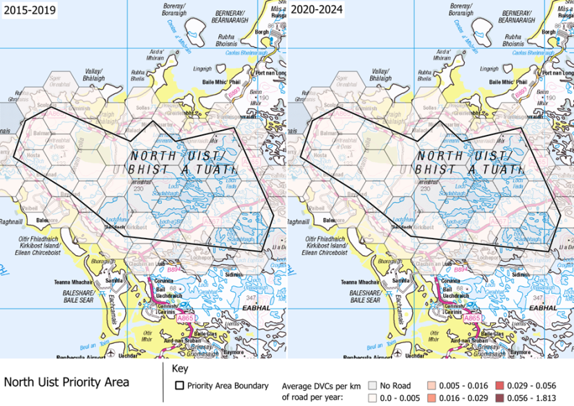 DVCs per km of road per year in the North Uist Deer Management Priority Area.