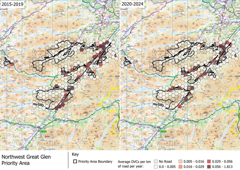 DVCs per km of road per year in the Northwest Great Glen Forestry and Land Scotland and National Trust for Scotland properties Deer Management Priority Area.