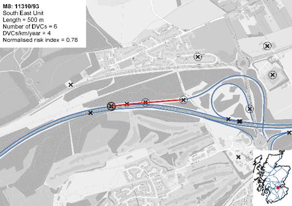 Map showing the location of the Deer Vehicle Collision hotspot on the A92 at Cowdenbeath Junction.